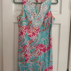Lilly Pulitzer Aqua and Pink Swirl Shift Dress with Embroidered V-Neck